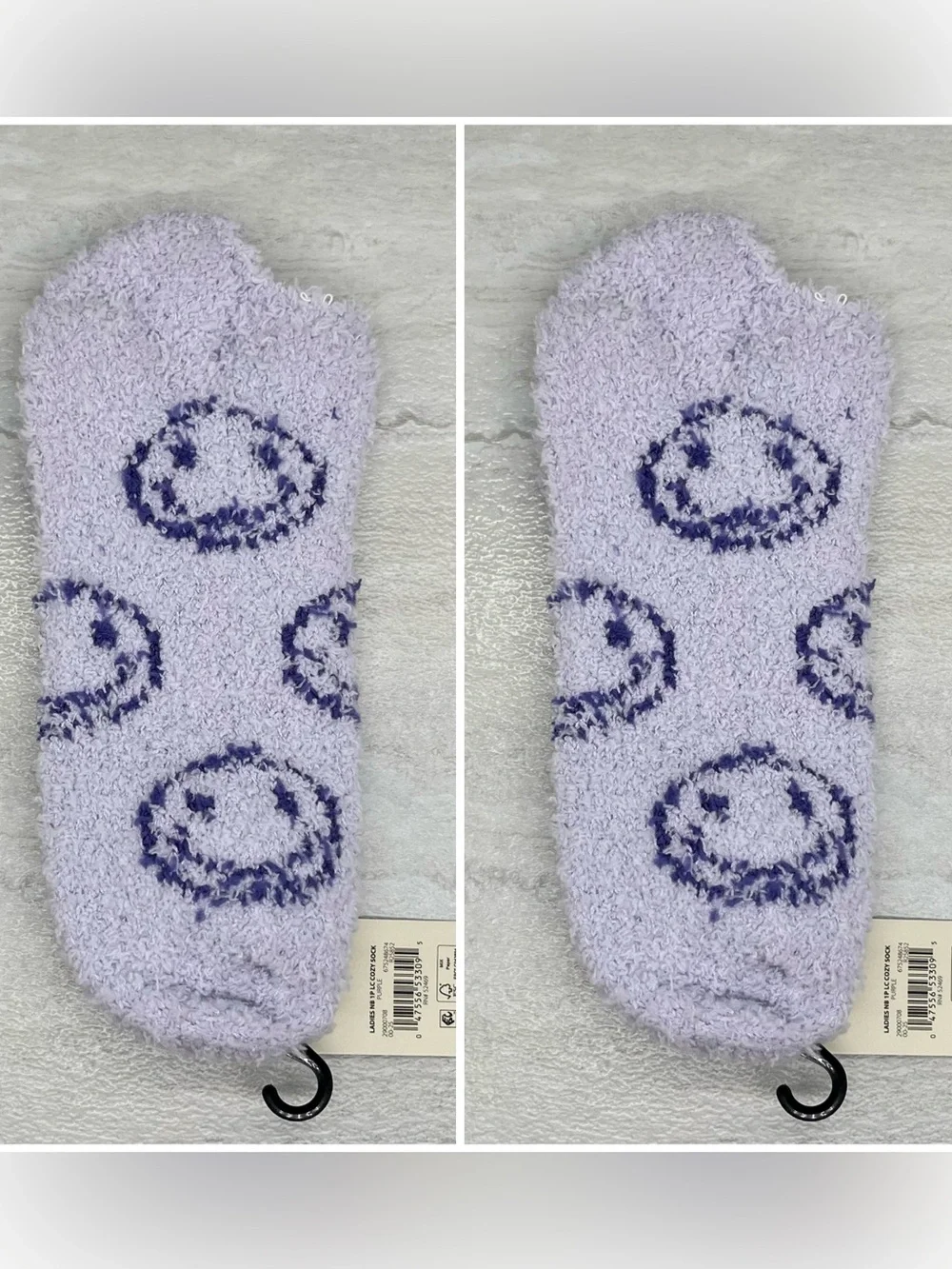 💫 $3 Two Pairs of Fuzzy Socks by No Boundaries ~ Light Purple with Smiley Faces